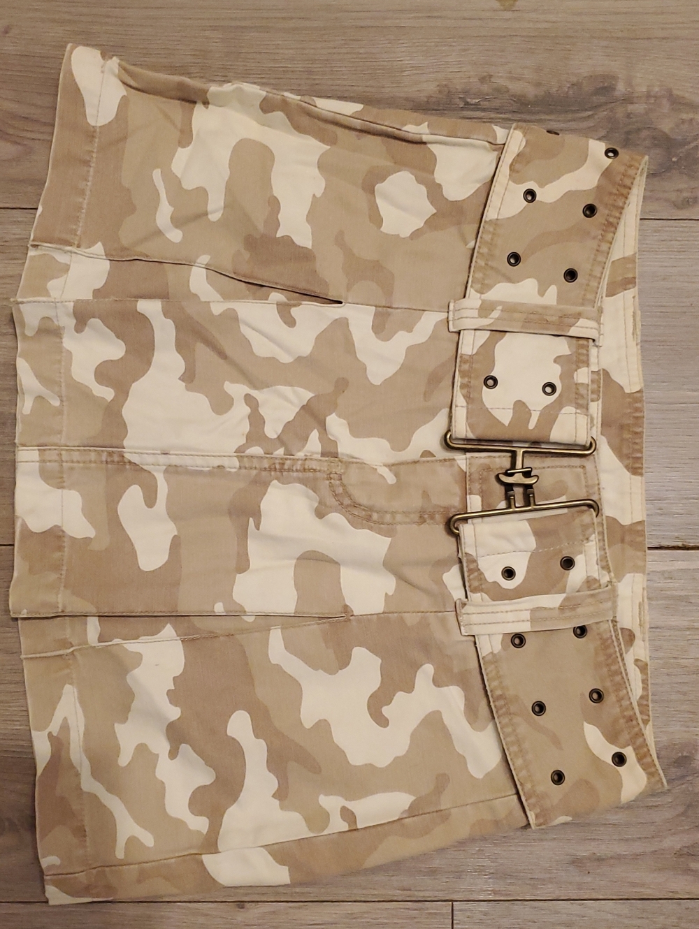 Beige Camo Mini Skirt with Wide Buckle Belt